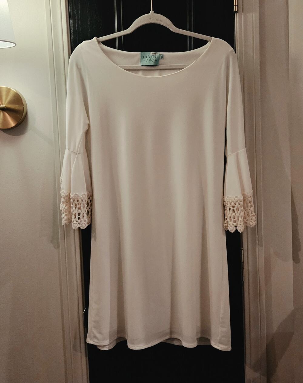 Judith March Medium Cream Lace Shift Lined Dress Bell Sleeve Second Wedding
